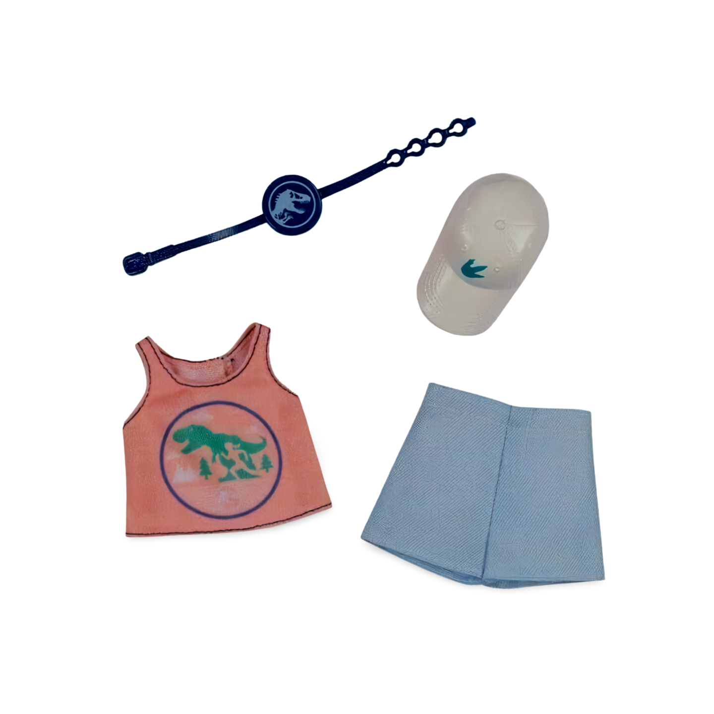 Barbie Doll Clothes Inspired by Jurassic World: Dominion, Complete Look with 2 Accessories, Pink Sleeveless Crop Top with Dinosaur Graphic & Blue Shorts, Fanny Pack & Hat, Gift for Kids 3 to 8 Years