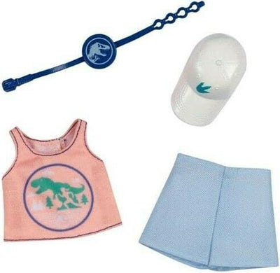 Barbie Doll Clothes Inspired by Jurassic World: Dominion, Complete Look with 2 Accessories, Pink Sleeveless Crop Top with Dinosaur Graphic & Blue Shorts, Fanny Pack & Hat, Gift for Kids 3 to 8 Years