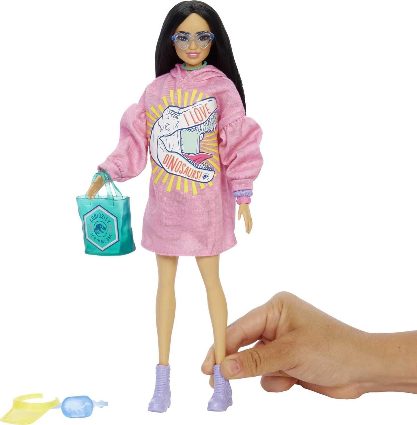 Barbie Clothing & Accessories Inspired by Jurassic World with 9 Storytelling Pieces for Barbie Dolls: Sweatshirt Dress with Dinosaur Graphic, Purple Boots, Fanny Pack, Heart-Shaped Sunglasses, 3-8Y