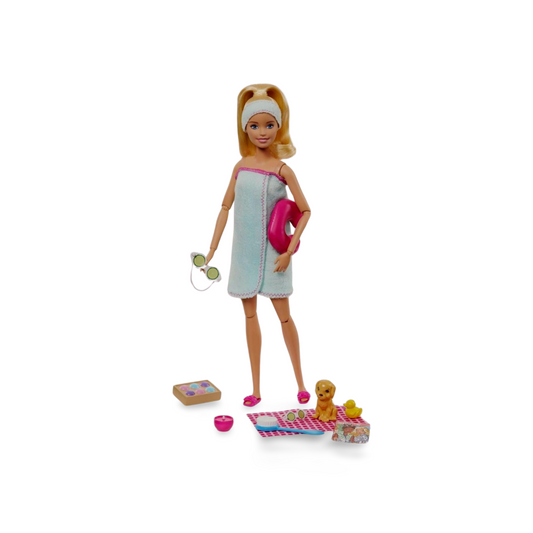 Barbie Spa Doll Toy Set with Puppy & 9 Accessories Including Neck Pillow, Rubber Duck & Cucumber Eye Masks, Blonde Doll