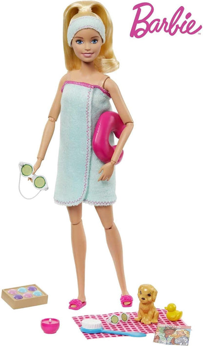 Barbie Spa Doll Toy Set with Puppy & 9 Accessories Including Neck Pillow, Rubber Duck & Cucumber Eye Masks, Blonde Doll