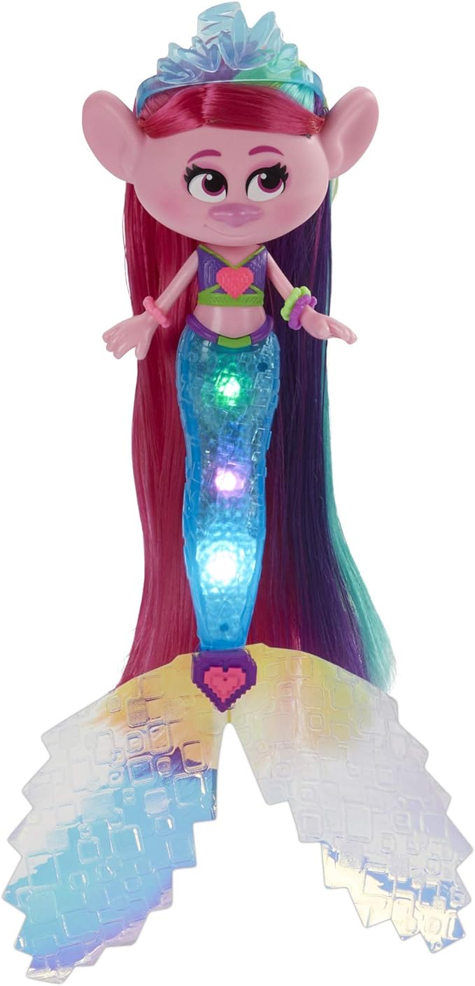 Trolls DreamWorksTopia Techno Mermaid Poppy Doll, Tail Lights Up in or Out of Water, Toy for Girls and Boys 4 Years Old and Up
