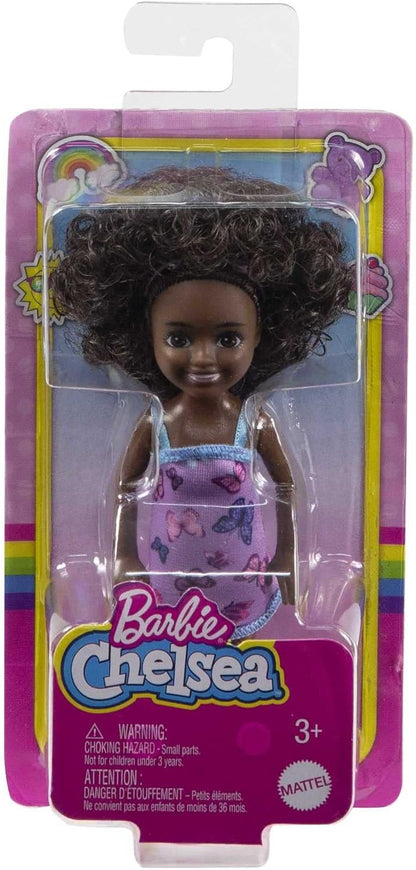 Barbie Chelsea Doll (Curly Brunette Hair) Wearing Butterfly-Print Dress and Pink Shoes, Toy for Kids Ages 3 Years Old & Up