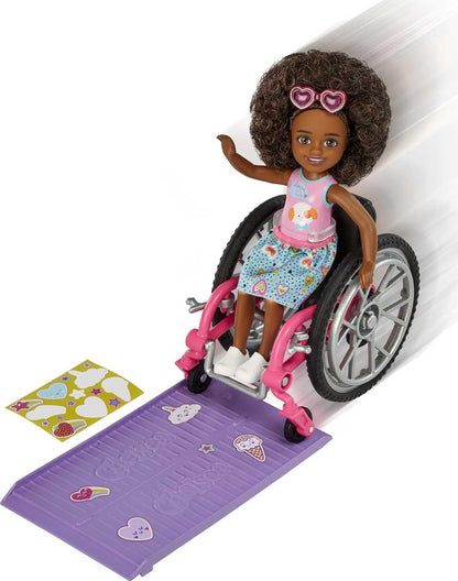 Barbie Chelsea Doll & Wheelchair with Moving Wheels, Ramp, Sticker Sheet & Accessories, Small Doll with Curly Brown Hair