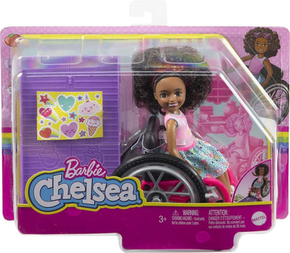 Barbie Chelsea Doll & Wheelchair with Moving Wheels, Ramp, Sticker Sheet & Accessories, Small Doll with Curly Brown Hair