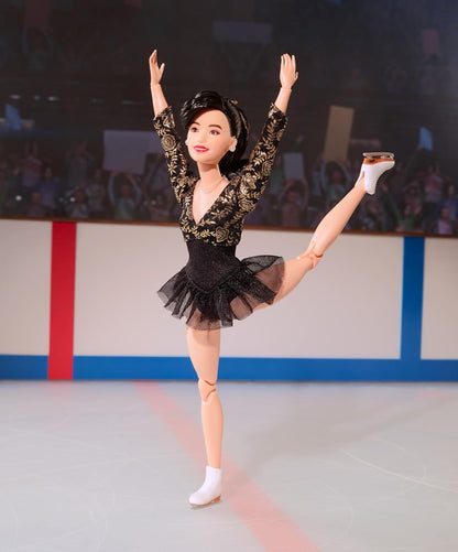 Barbie Inspiring Women Doll, Kristi Yamaguchi Collectible in 1992 Winter Olympics Costume, Sparkly Black and Gold Leotard and White Skates