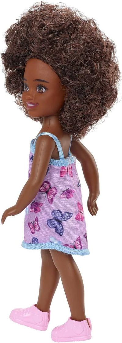 Barbie Chelsea Doll (Curly Brunette Hair) Wearing Butterfly-Print Dress and Pink Shoes, Toy for Kids Ages 3 Years Old & Up