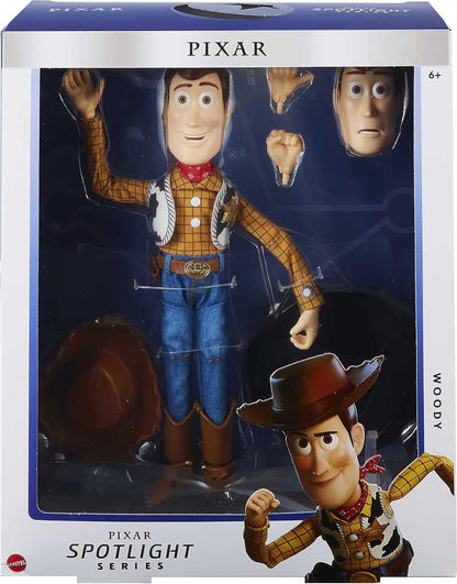 Mattel Pixar Spotlight Series Woody Figure, Disney Pixar Toy Story Collectable, 9.2-in Tall with 2 Hand Sets, 2 Expressions, Articulation & Display Box with Reversible Background