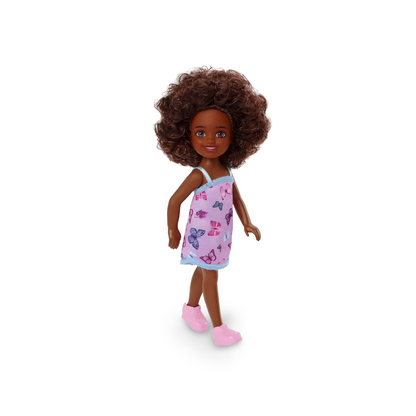 Barbie Chelsea Doll (Curly Brunette Hair) Wearing Butterfly-Print Dress and Pink Shoes, Toy for Kids Ages 3 Years Old & Up