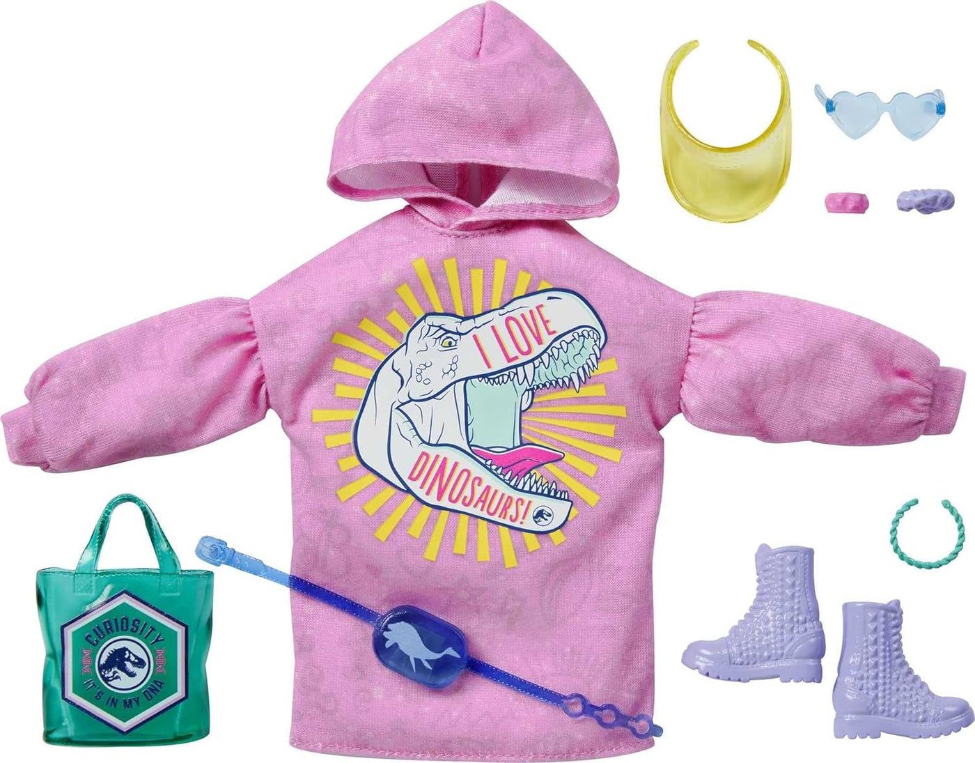 Barbie Clothing & Accessories Inspired by Jurassic World with 9 Storytelling Pieces for Barbie Dolls: Sweatshirt Dress with Dinosaur Graphic, Purple Boots, Fanny Pack, Heart-Shaped Sunglasses, 3-8Y