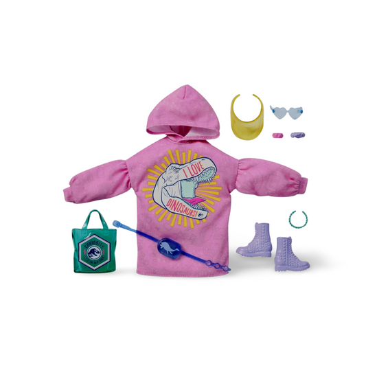 Barbie Clothing & Accessories Inspired by Jurassic World with 9 Storytelling Pieces for Barbie Dolls: Sweatshirt Dress with Dinosaur Graphic, Purple Boots, Fanny Pack, Heart-Shaped Sunglasses, 3-8Y