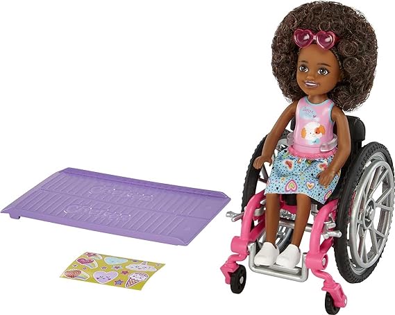 Barbie Chelsea Doll & Wheelchair with Moving Wheels, Ramp, Sticker Sheet & Accessories, Small Doll with Curly Brown Hair