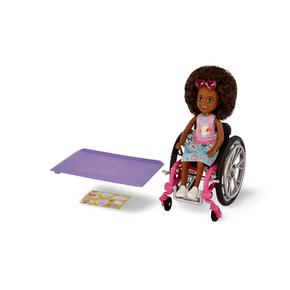 Barbie Chelsea Doll & Wheelchair with Moving Wheels, Ramp, Sticker Sheet & Accessories, Small Doll with Curly Brown Hair