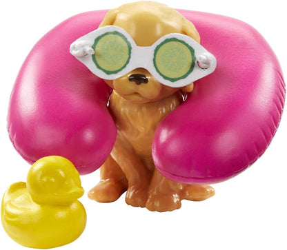 Barbie Spa Doll Toy Set with Puppy & 9 Accessories Including Neck Pillow, Rubber Duck & Cucumber Eye Masks, Blonde Doll