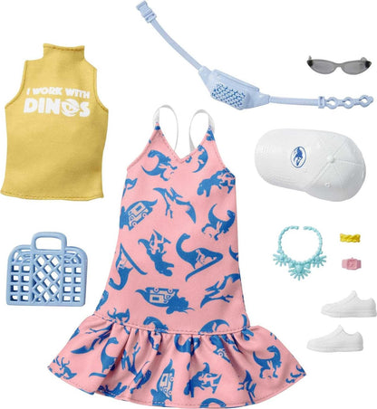 Barbie Clothing & Accessories Inspired by Jurassic World 10 Storytelling Pieces Dolls: Sleeveless Top & Sundress Tote, Hat, Fanny Pack, Sunglasses & More, Gift for 3 to 8 Year Olds