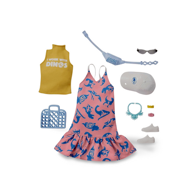 Barbie Clothing & Accessories Inspired by Jurassic World 10 Storytelling Pieces Dolls: Sleeveless Top & Sundress Tote, Hat, Fanny Pack, Sunglasses & More, Gift for 3 to 8 Year Olds