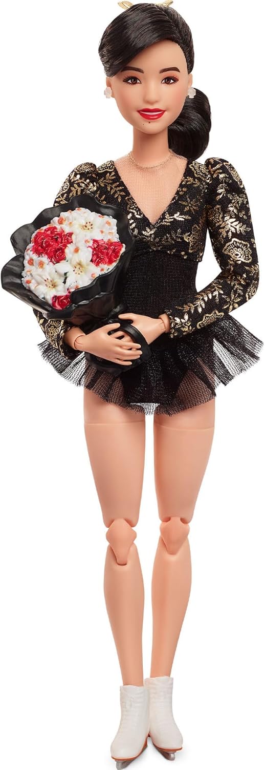 Barbie Inspiring Women Doll, Kristi Yamaguchi Collectible in 1992 Winter Olympics Costume, Sparkly Black and Gold Leotard and White Skates