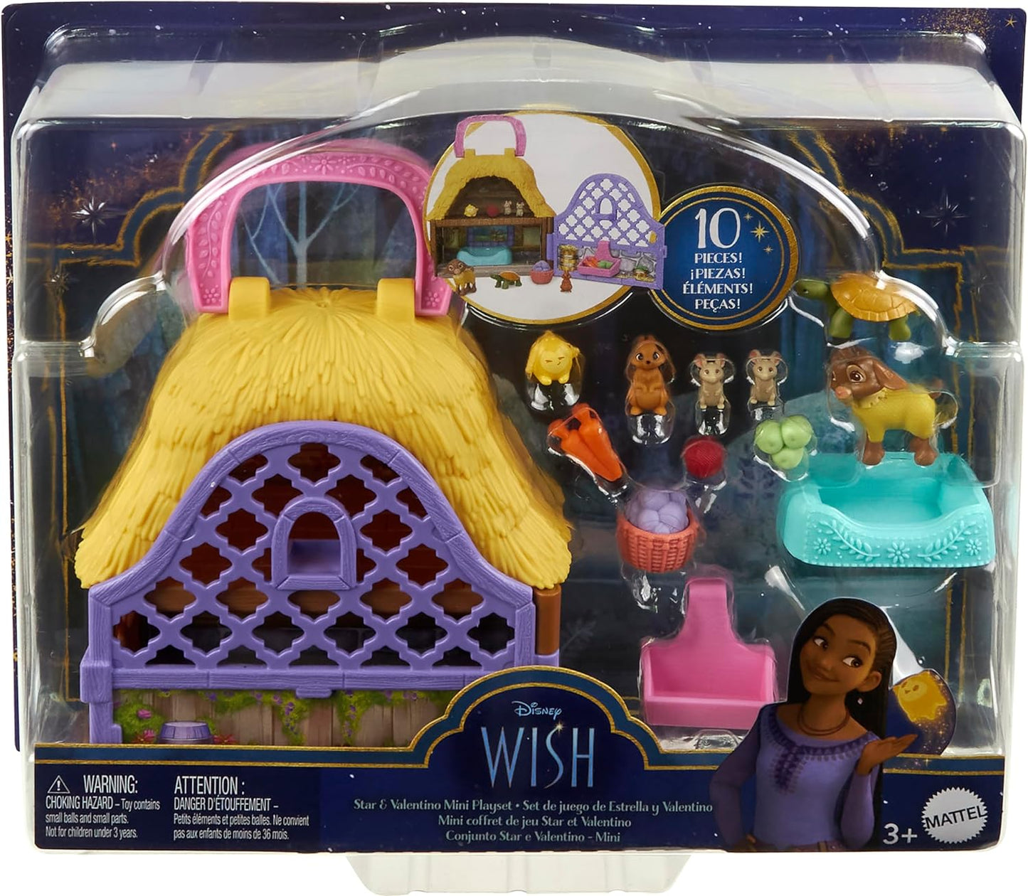 Mattel Disney Wish Mini Doll Playset, Star & Valentino of Rosas Portable Set with Valentino The Goat & Star Toy Figures & 10 Accessories, Travel Toys