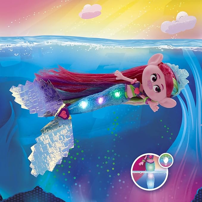 Trolls DreamWorksTopia Techno Mermaid Poppy Doll, Tail Lights Up in or Out of Water, Toy for Girls and Boys 4 Years Old and Up