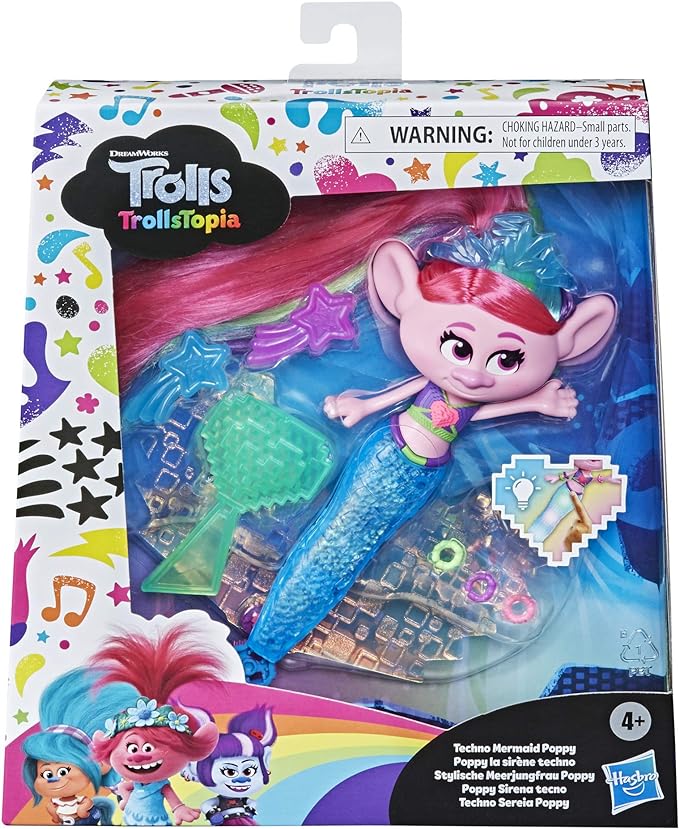 Trolls DreamWorksTopia Techno Mermaid Poppy Doll, Tail Lights Up in or Out of Water, Toy for Girls and Boys 4 Years Old and Up