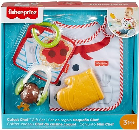 Fisher-Price Cutest Chef Gift Set, 4 cooking-themed baby toys with wearable bib and teether for babies ages 3 months and older