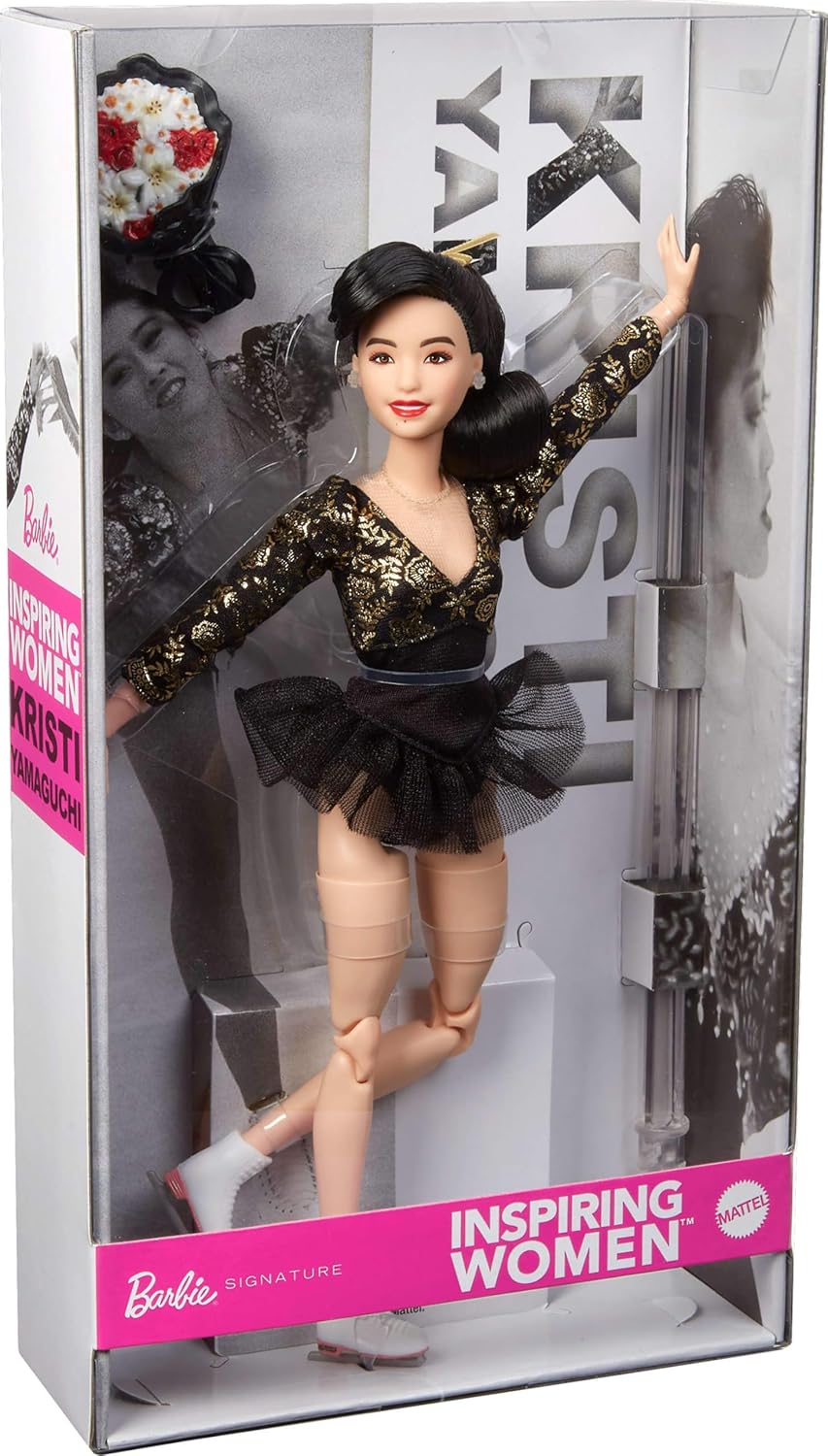 Barbie Inspiring Women Doll, Kristi Yamaguchi Collectible in 1992 Winter Olympics Costume, Sparkly Black and Gold Leotard and White Skates