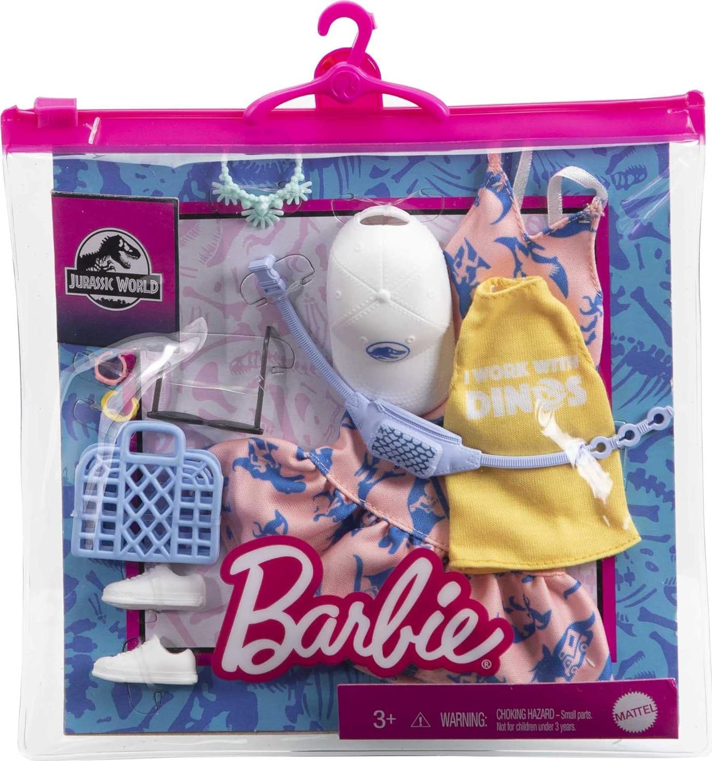 Barbie Clothing & Accessories Inspired by Jurassic World 10 Storytelling Pieces Dolls: Sleeveless Top & Sundress Tote, Hat, Fanny Pack, Sunglasses & More, Gift for 3 to 8 Year Olds