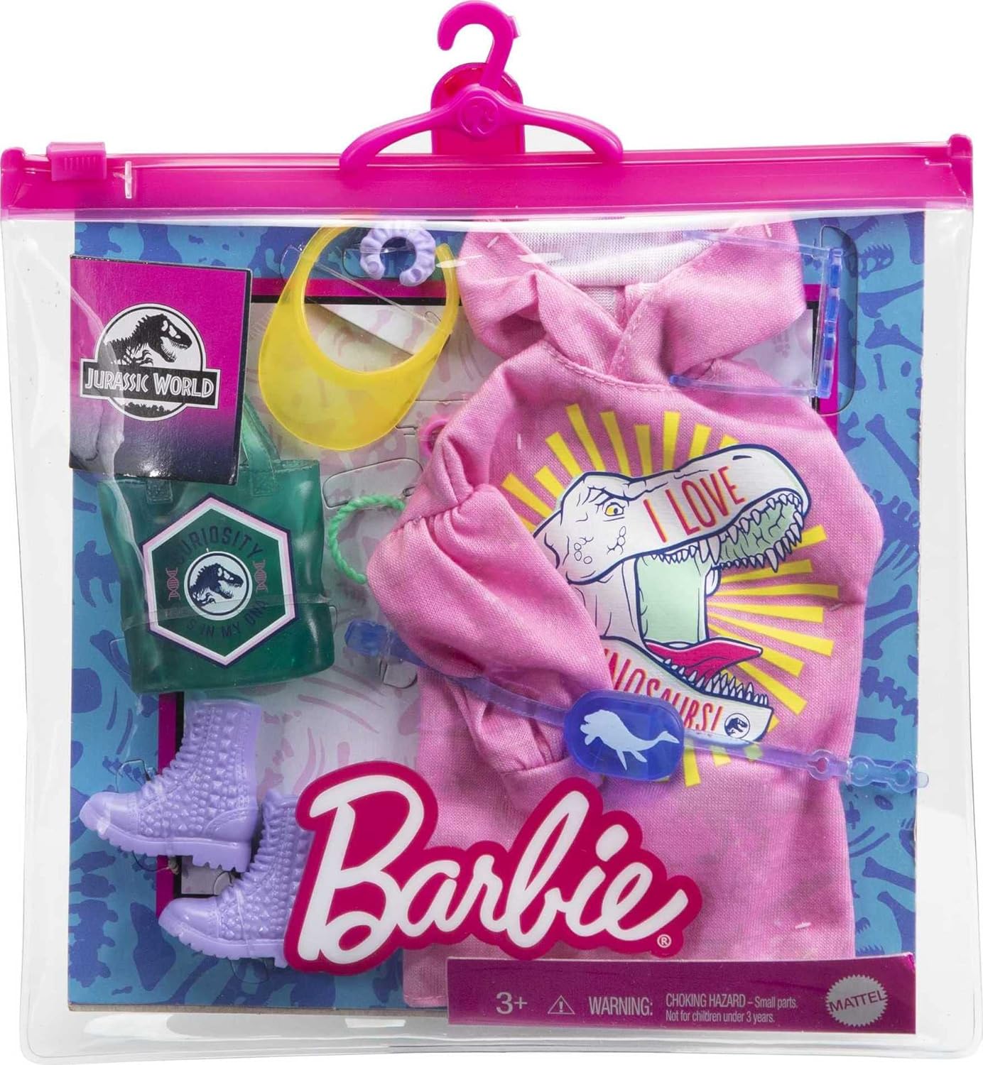 Barbie Clothing & Accessories Inspired by Jurassic World with 9 Storytelling Pieces for Barbie Dolls: Sweatshirt Dress with Dinosaur Graphic, Purple Boots, Fanny Pack, Heart-Shaped Sunglasses, 3-8Y