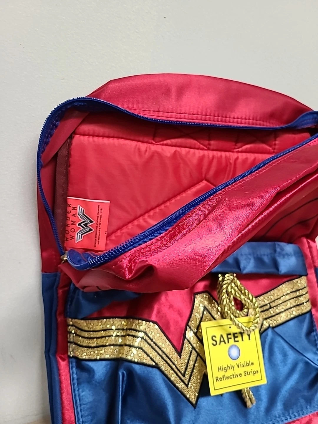 Wonder Woman Gold Glitter Shiny 16" Girls Backpack Book Bag Red Blue Zippered
