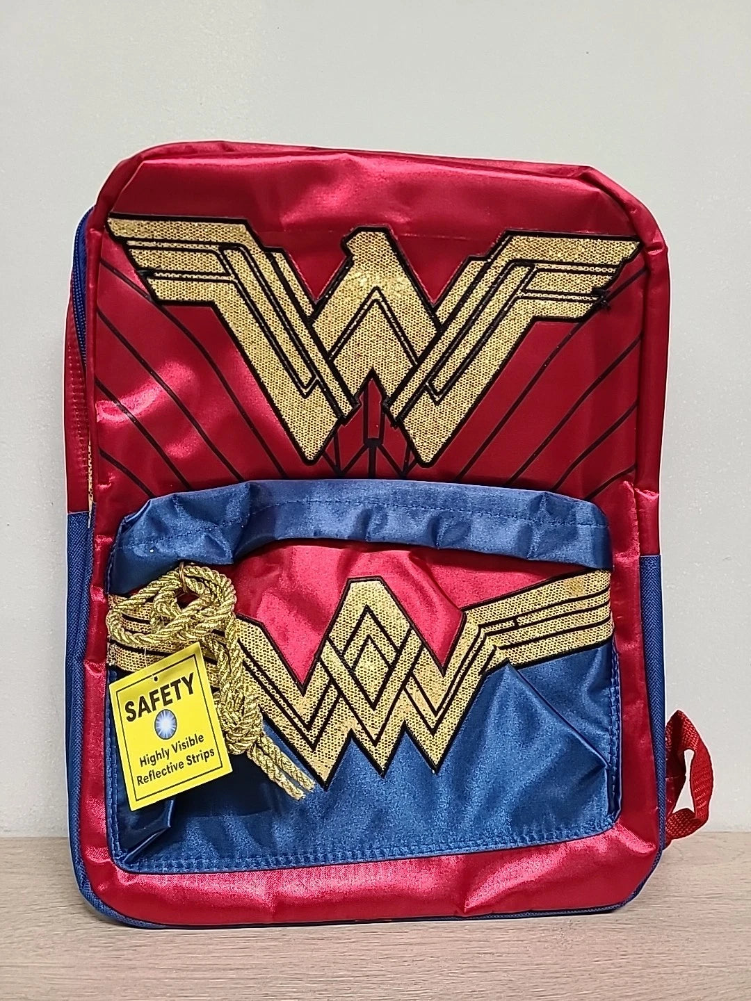 Wonder Woman Gold Glitter Shiny 16" Girls Backpack Book Bag Red Blue Zippered