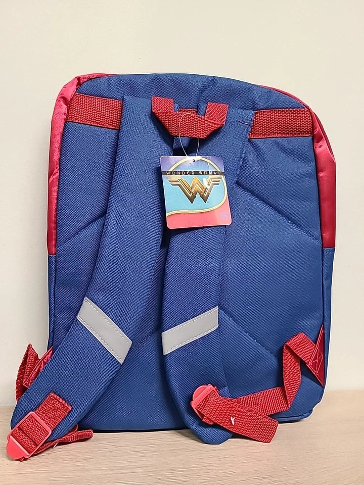 Wonder Woman Gold Glitter Shiny 16" Girls Backpack Book Bag Red Blue Zippered