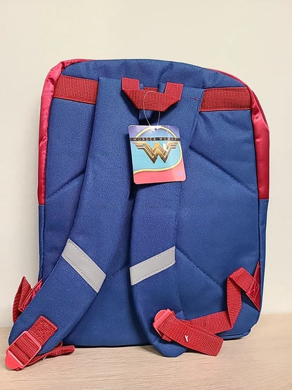 Wonder Woman Gold Glitter Shiny 16" Girls Backpack Book Bag Red Blue Zippered