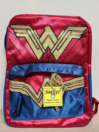 Wonder Woman Gold Glitter Shiny 16" Girls Backpack Book Bag Red Blue Zippered