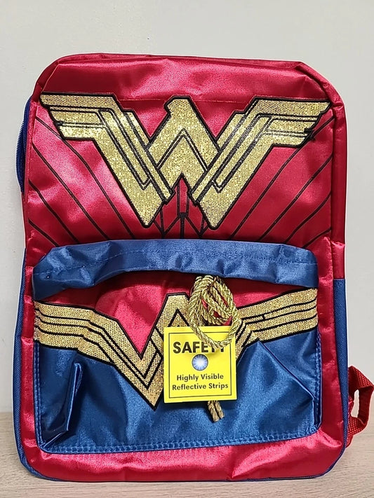 Wonder Woman Gold Glitter Shiny 16" Girls Backpack Book Bag Red Blue Zippered