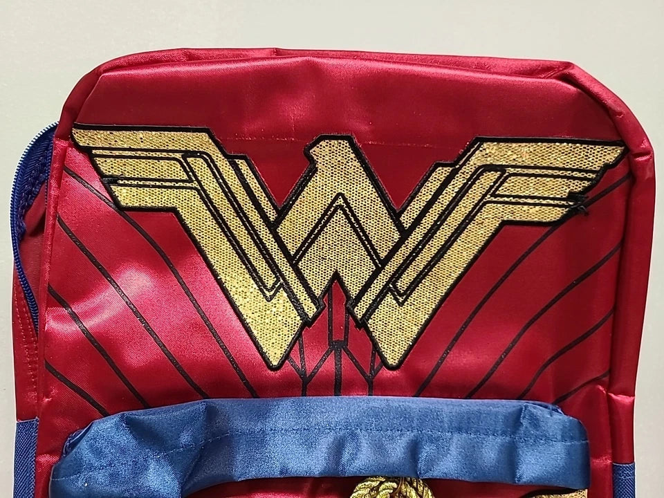 Wonder Woman Gold Glitter Shiny 16" Girls Backpack Book Bag Red Blue Zippered
