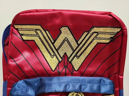Wonder Woman Gold Glitter Shiny 16" Girls Backpack Book Bag Red Blue Zippered